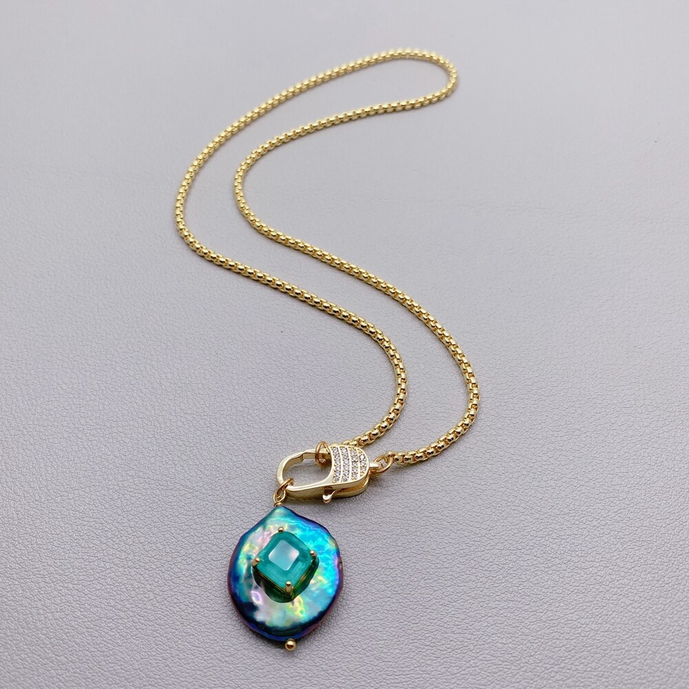 Cultured Black Pearl Quartz Pendant Gold Plated Chain Necklace Simple Jewelry