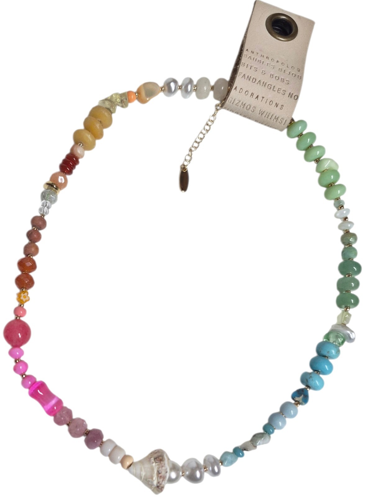 Anthropologie Beaded Shell Charm Necklace Multi-Color Gold Plated Brass New
