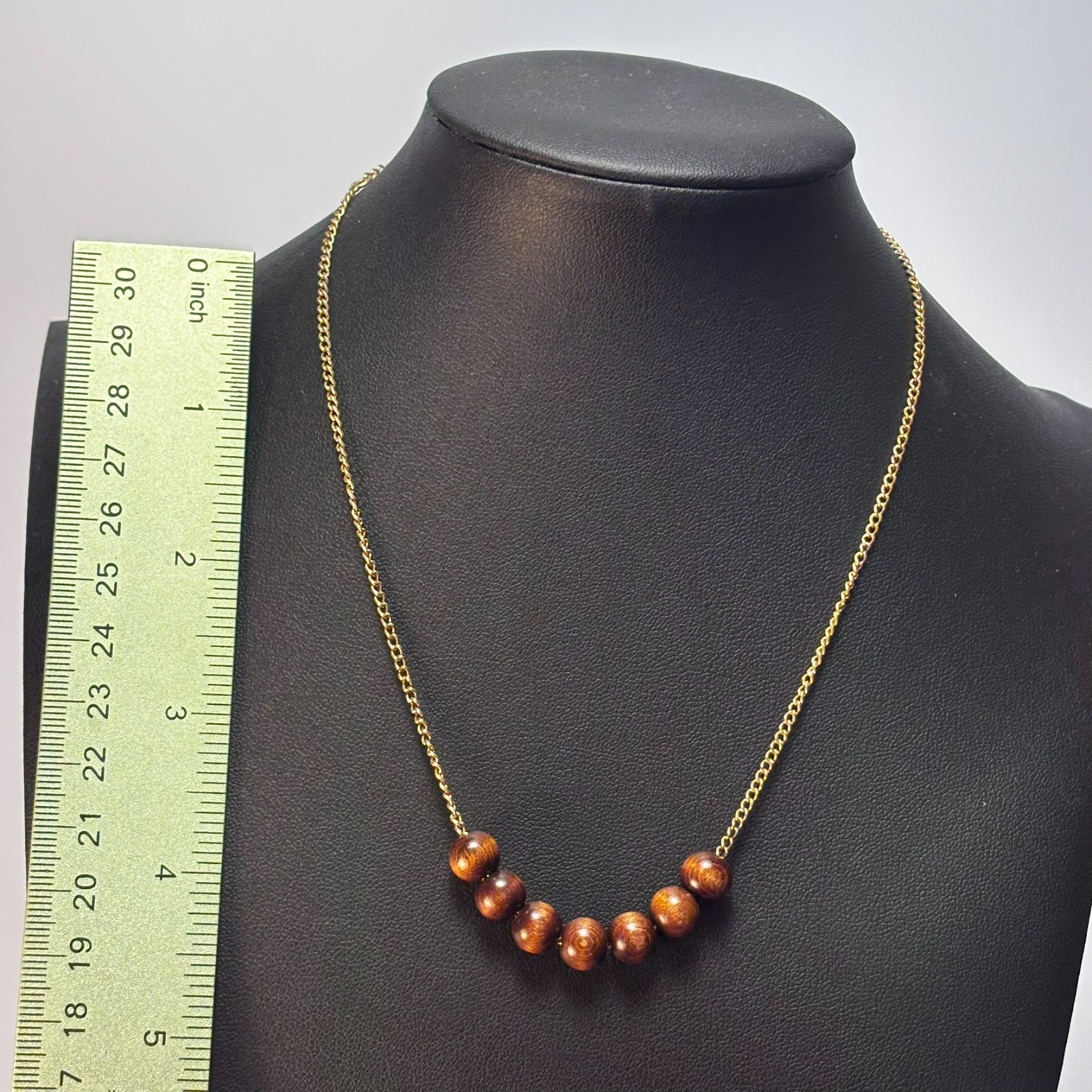 Emmons Necklace Brown Wood Bead Gold Tone Curb Chain Vintage Boho