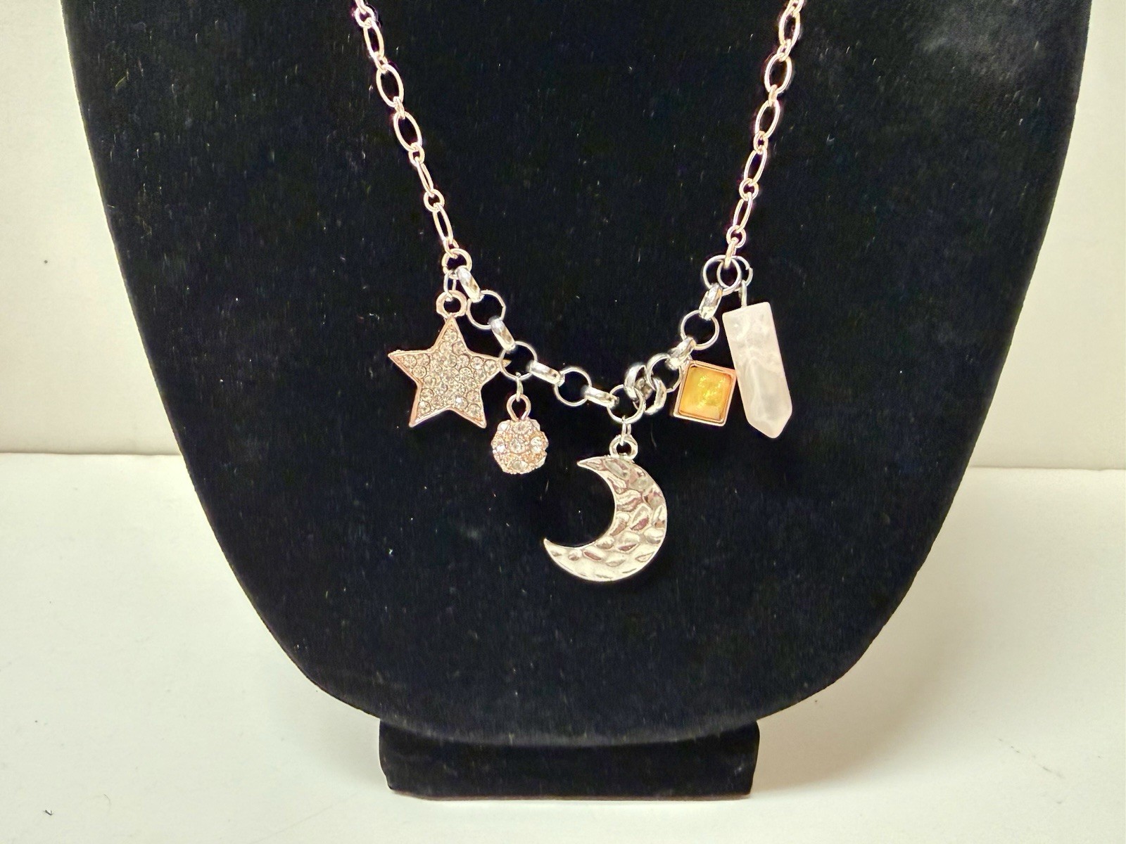 Combined Shipping Rose Quartz Crystal Moon and Star Charm Necklace #261