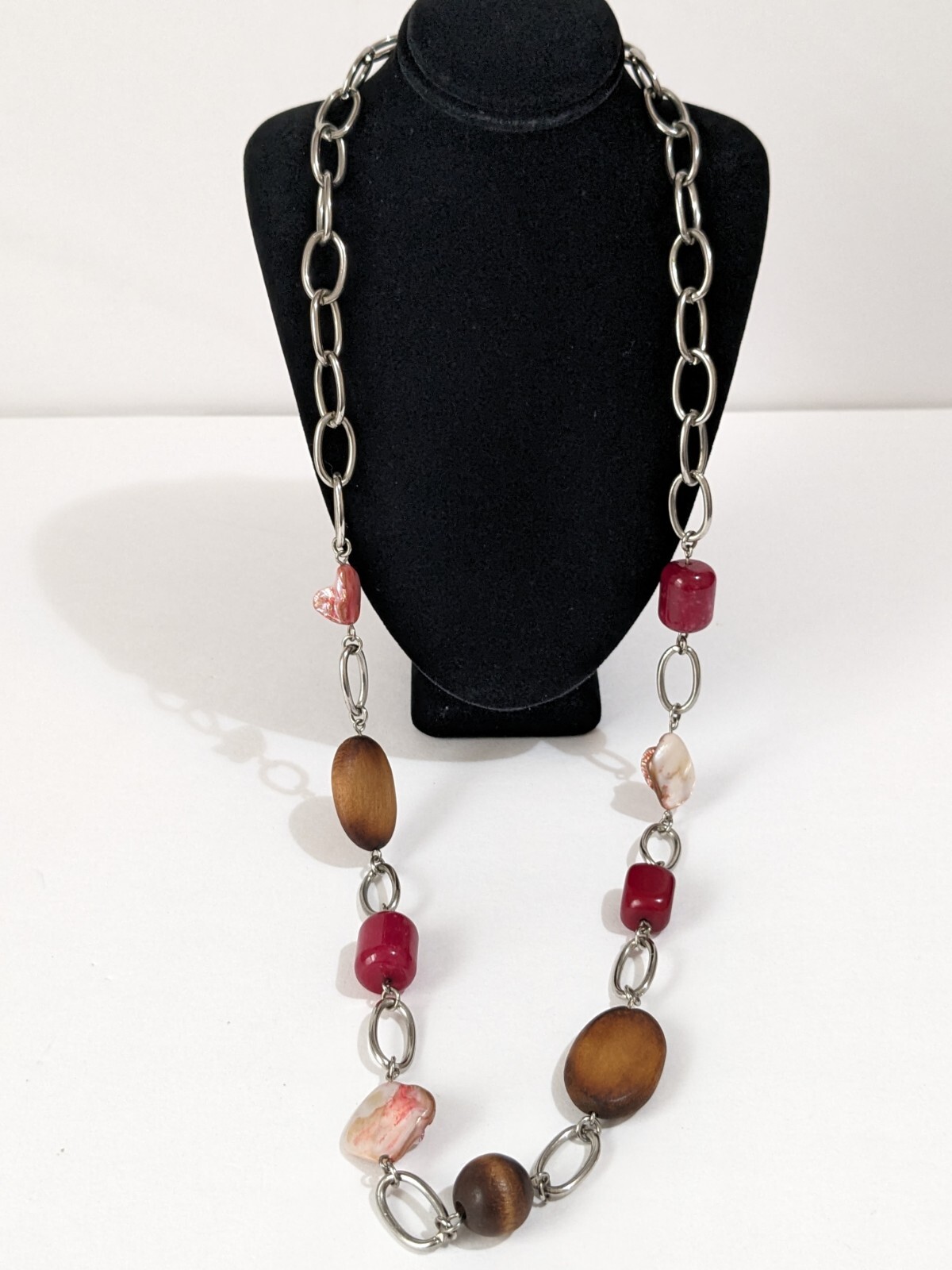 Multicolor Agate, Shell And Wood Beads Silver Tone BOHO Necklace. Unique. 28″.