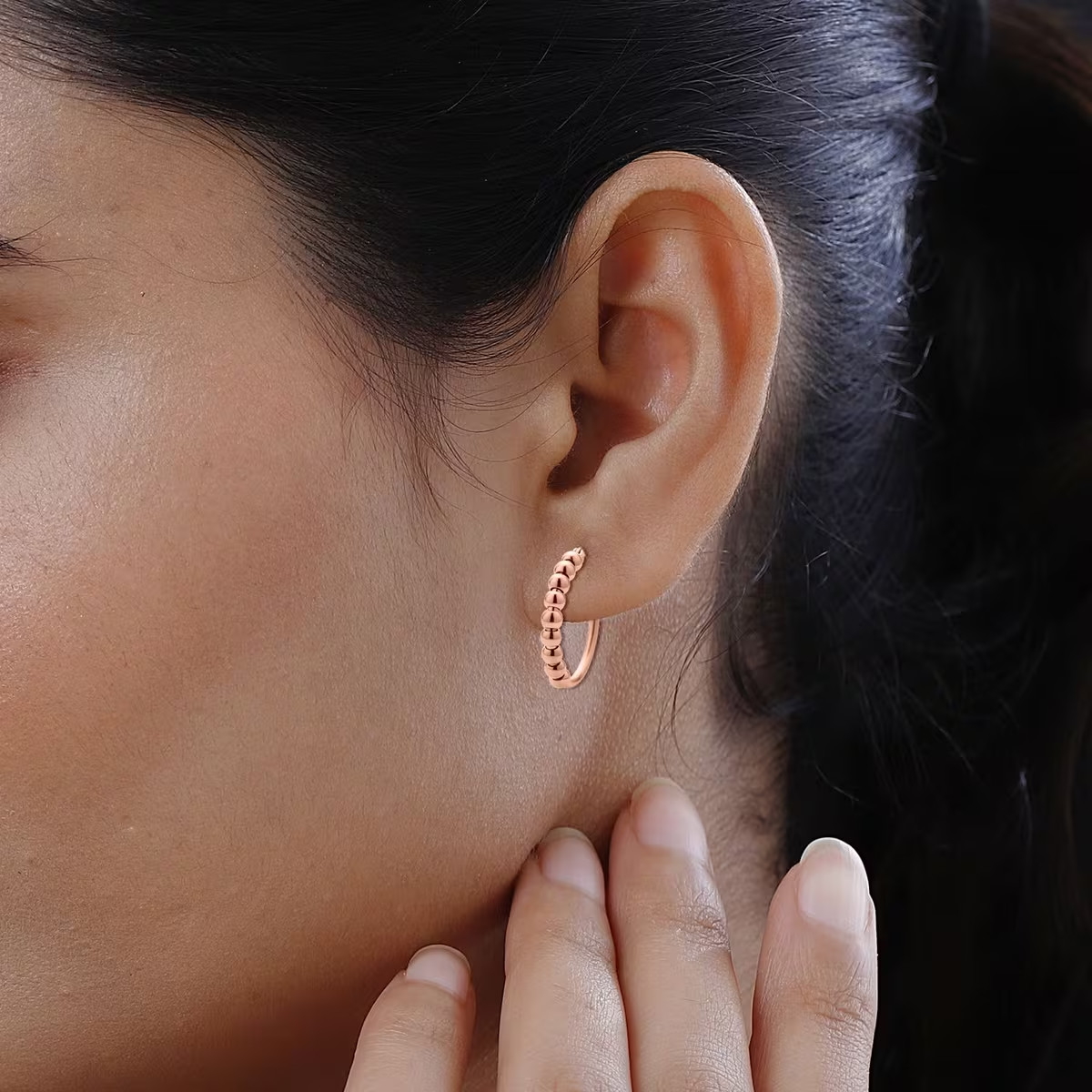 25mm Beaded Hoop Earrings in ION Plated RG Stainless Steel , Tarnish-Free, Water