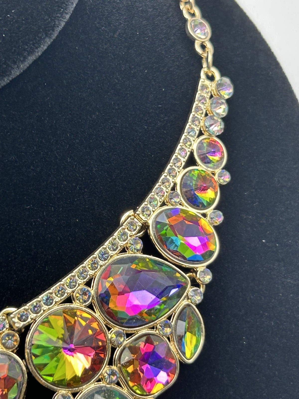 Modern Asymmetrical Bib Necklace Peacock Rainbow Rhinestone Flash Statement Pink