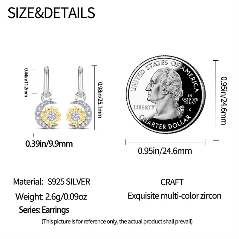 PANDACH 925 Sterling Silver Tiny Sunflower & Moon Drop Earrings For Women Hoops