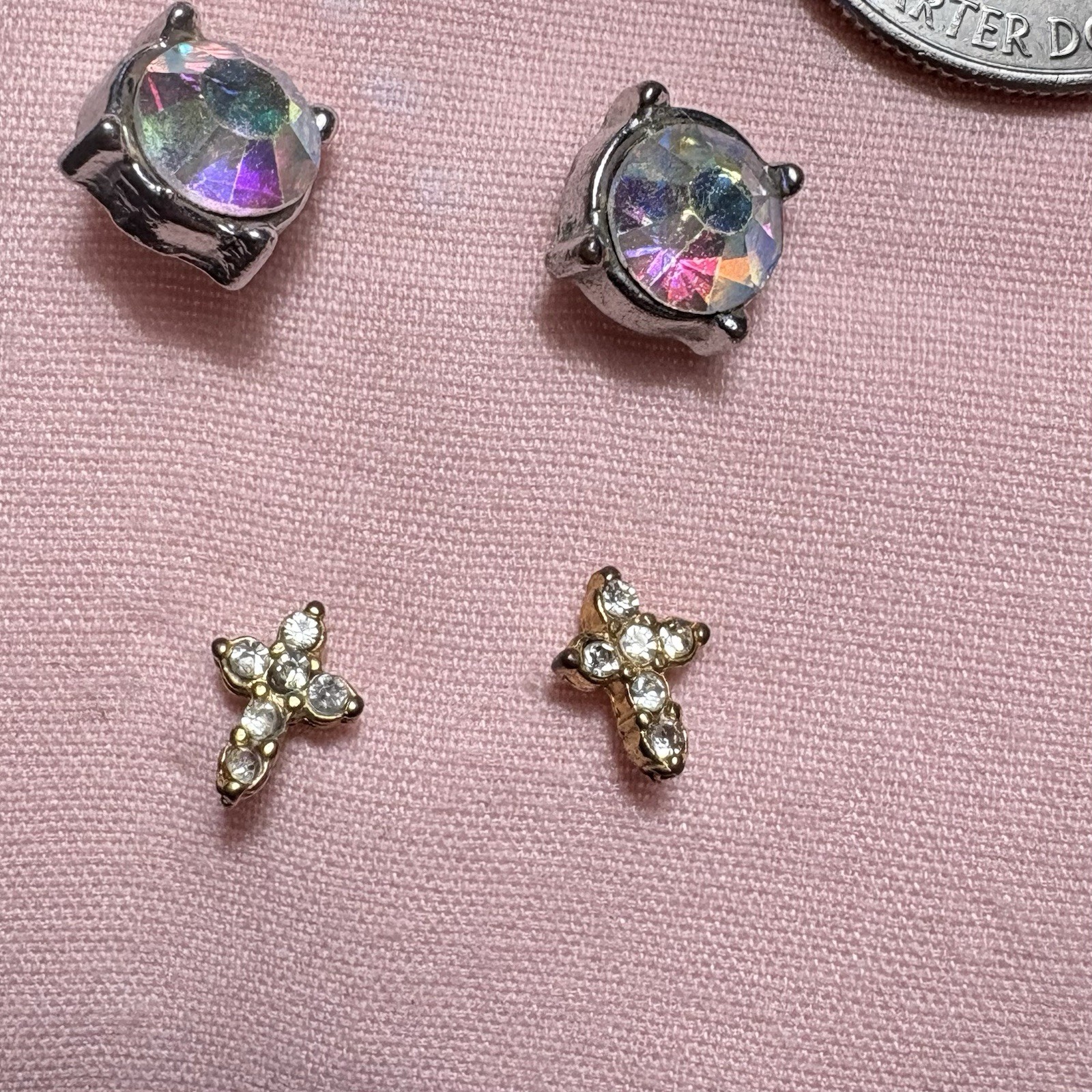 Lot 8 Pair Pierced Earrings Cross Rhinestones AB Cloisonné Post Stud Wearable