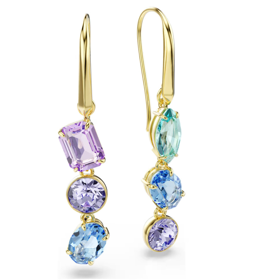 Swarovski Gema Asymmetrical Drop Earrings Multicolor Crystal Gold Tone