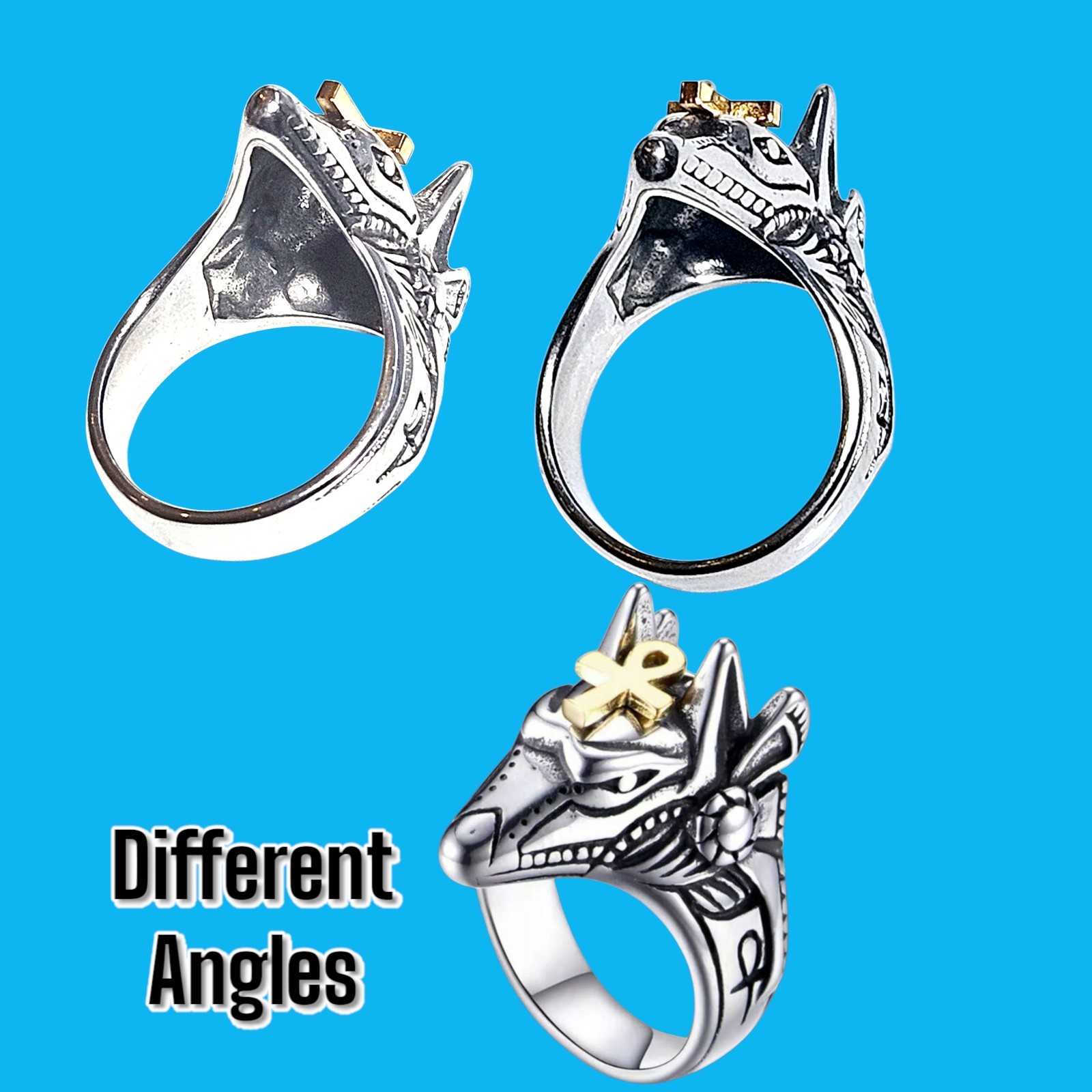 Mens Egyptian Ankh Pharaoh Anubis Pyramid Ring Stainless Steel Size 9 Gothic