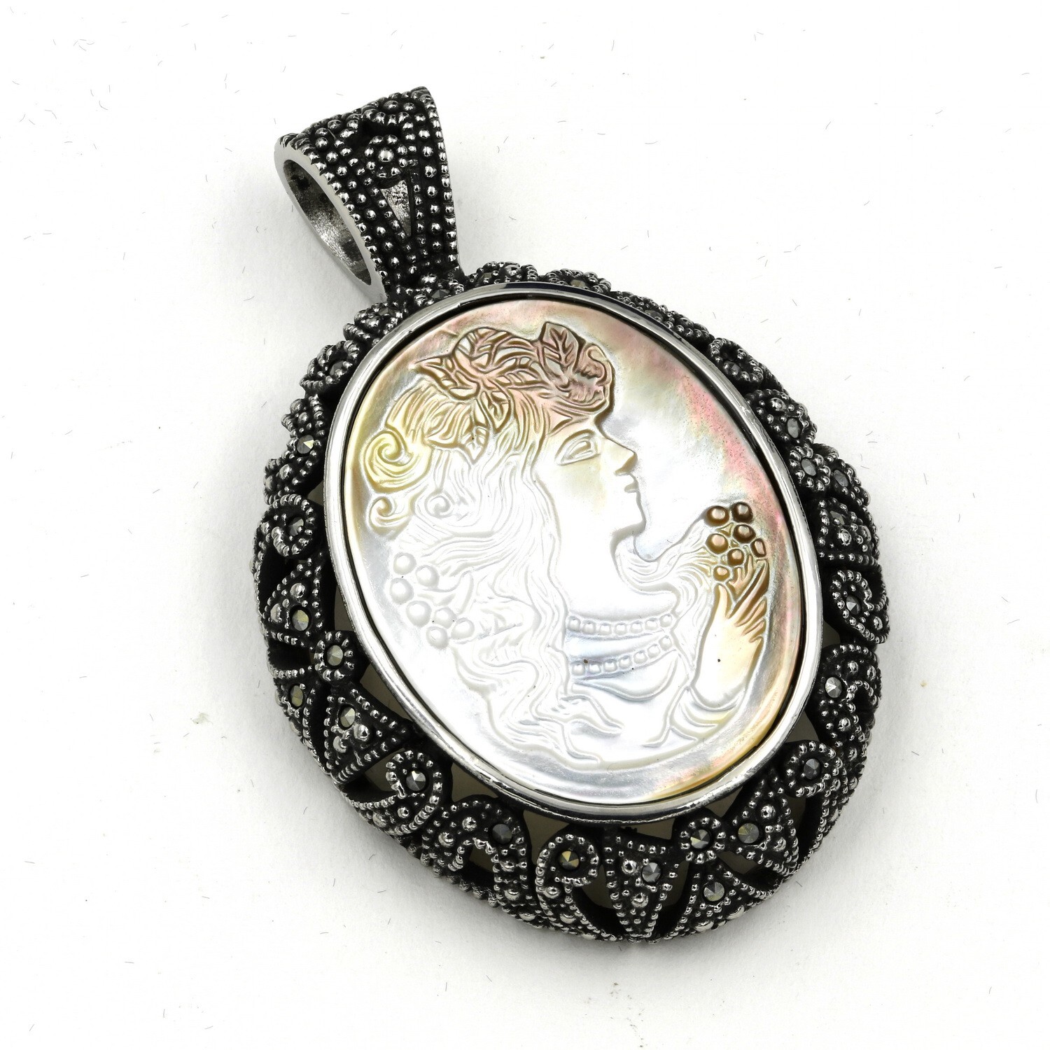 Stainless Steel 316 Abalone Cameo Marcasite Pendant & Earrings