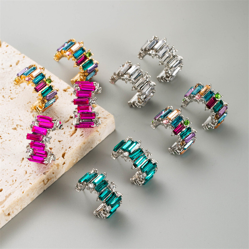 Inlaid Color Diamond C- Shaped Personality Simple Female Earrings Alloy