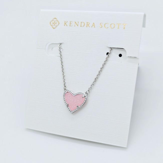 New Kendra Scott Ari Heart Silver Necklace in Pink Quartz