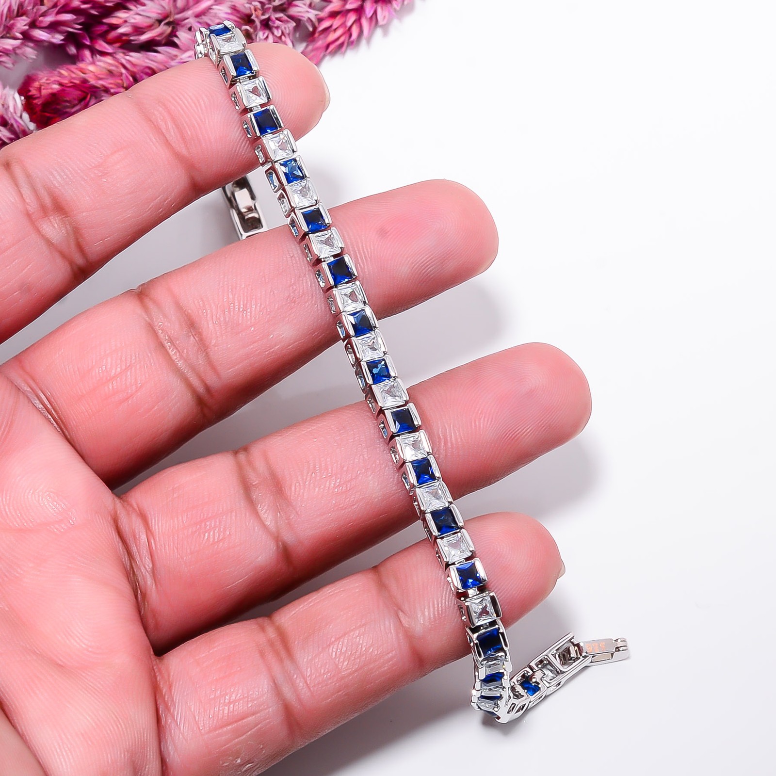 Blue Sapphire -Simulated, CZ 925 Sterling Silver Adjustable Bracelet 7-8″ B0010