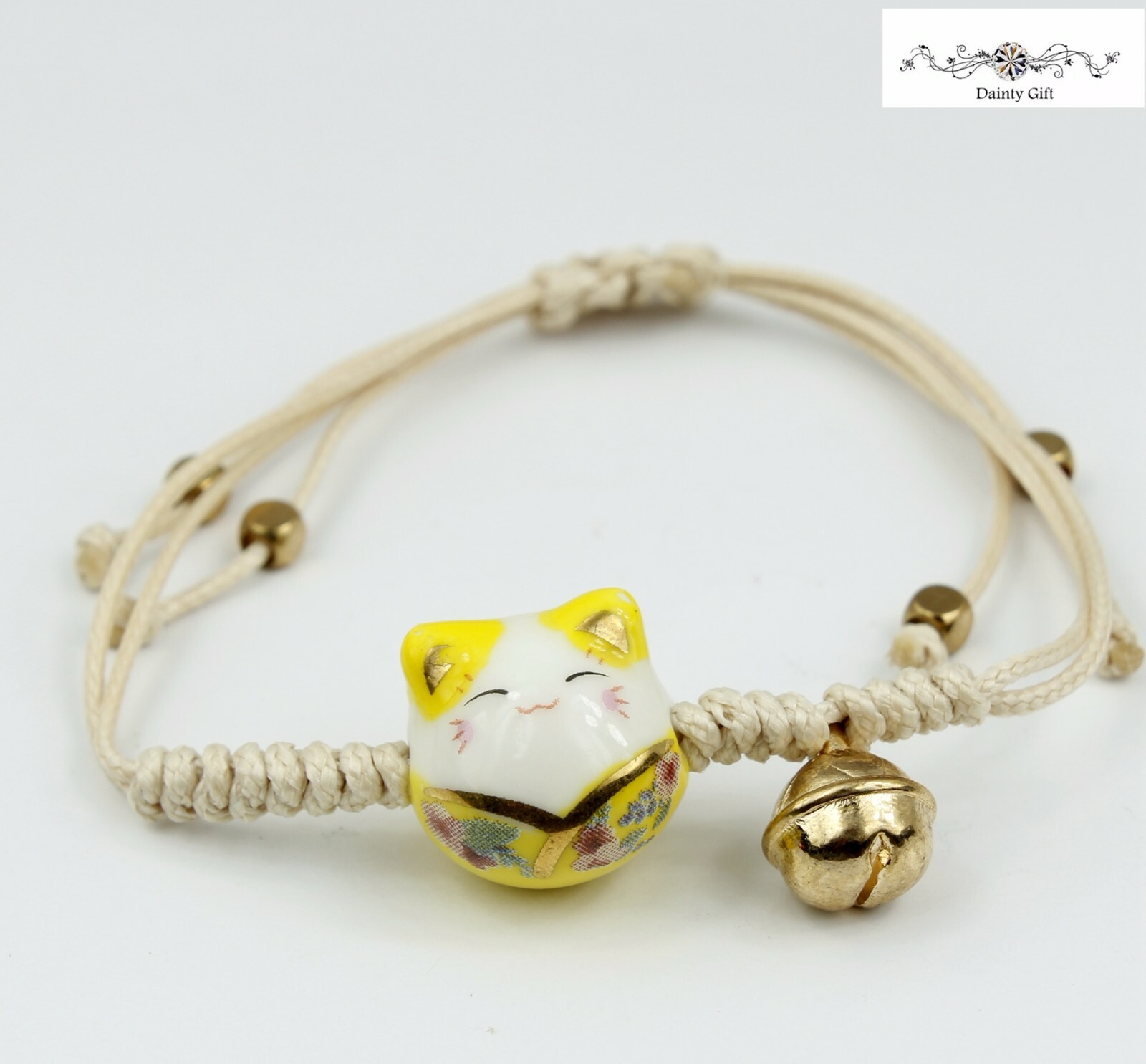 Girl Women Luck Ceramic Fat Cat / Kitty Ball Animal Adjust Rope Bracelet 4-9″