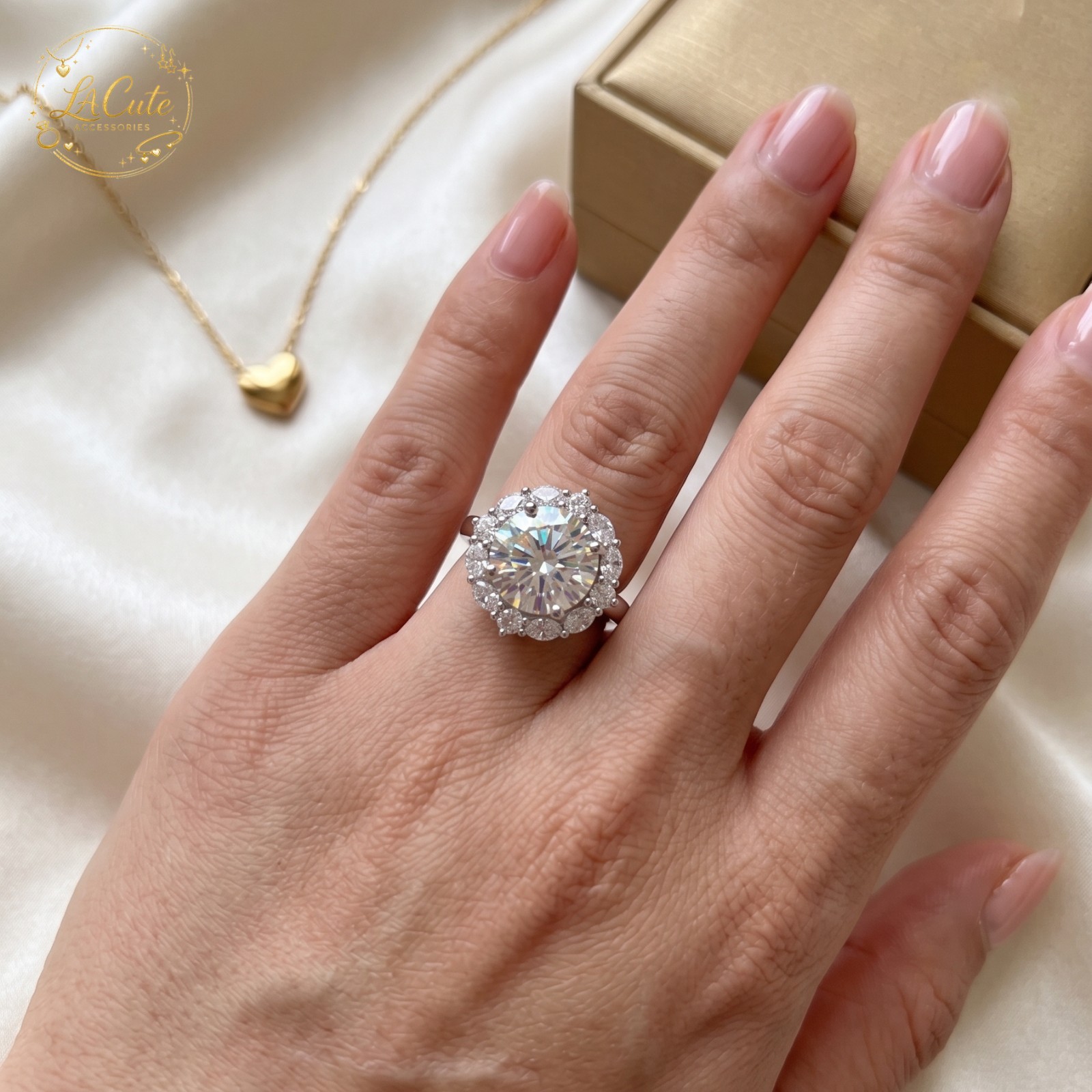 [US STOCK] 5CT CZ Halo Engagement Ring Silver Tone Adjustable Promise Gift Women