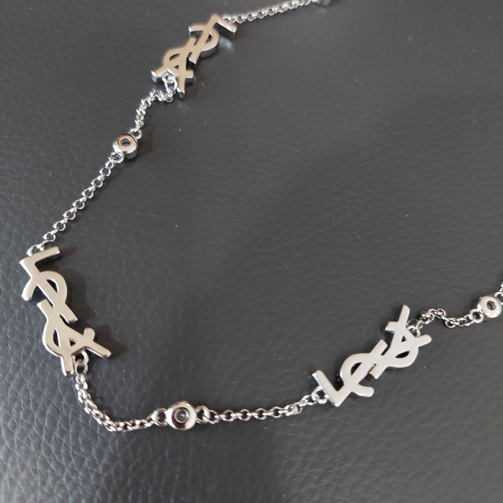 Auth. Yves Saint Laurent Signature YSL Logo Choker Crystal Studded Necklace