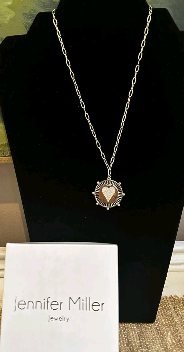 Jennifer Miller Yellow Gold Plated Pave Heart Medallion Necklace Paperclip Chain