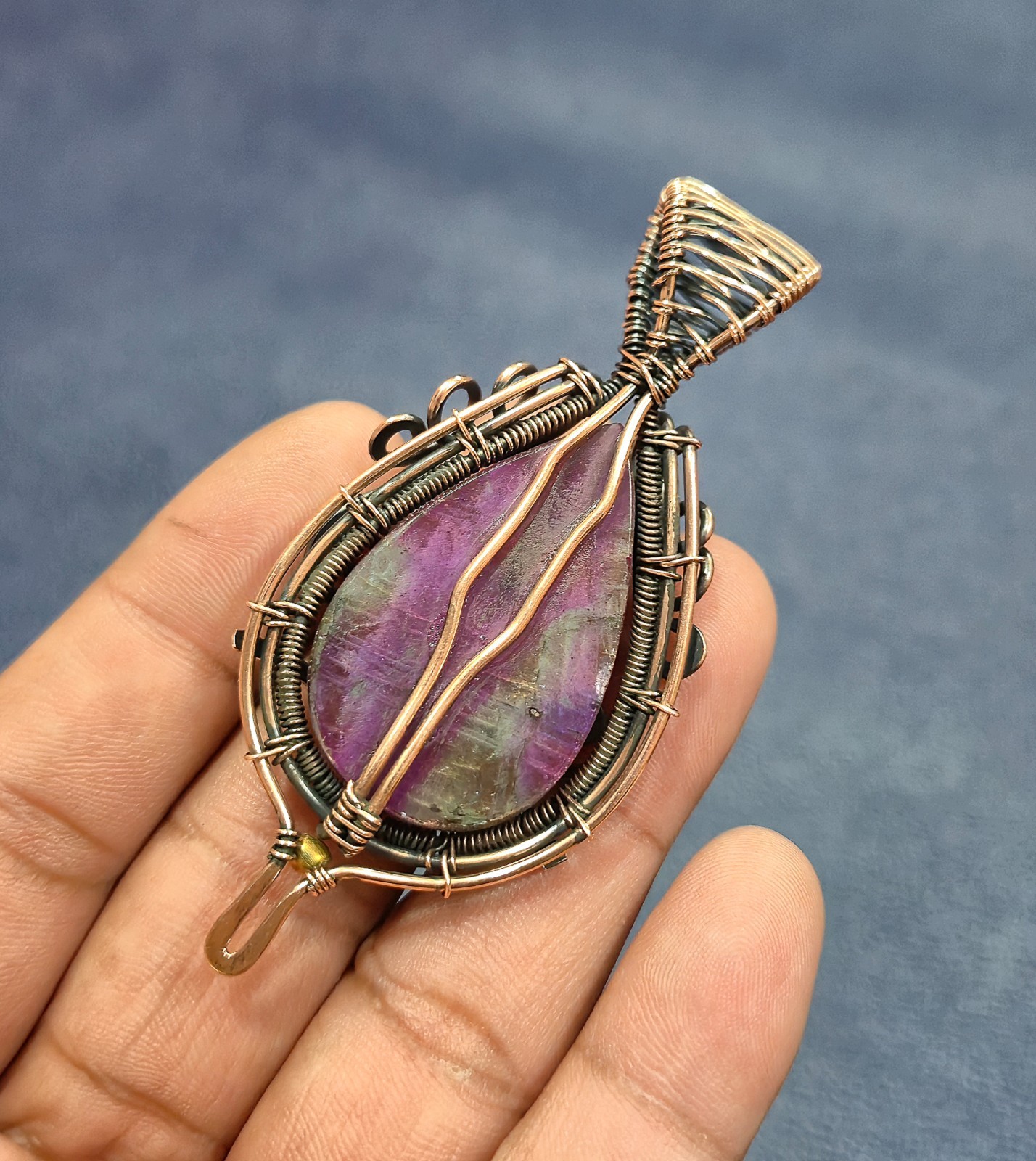 Pink Fire Labradorite Pendant Copper Wire Wrapped Jewelry Handmade Gem Jewelry