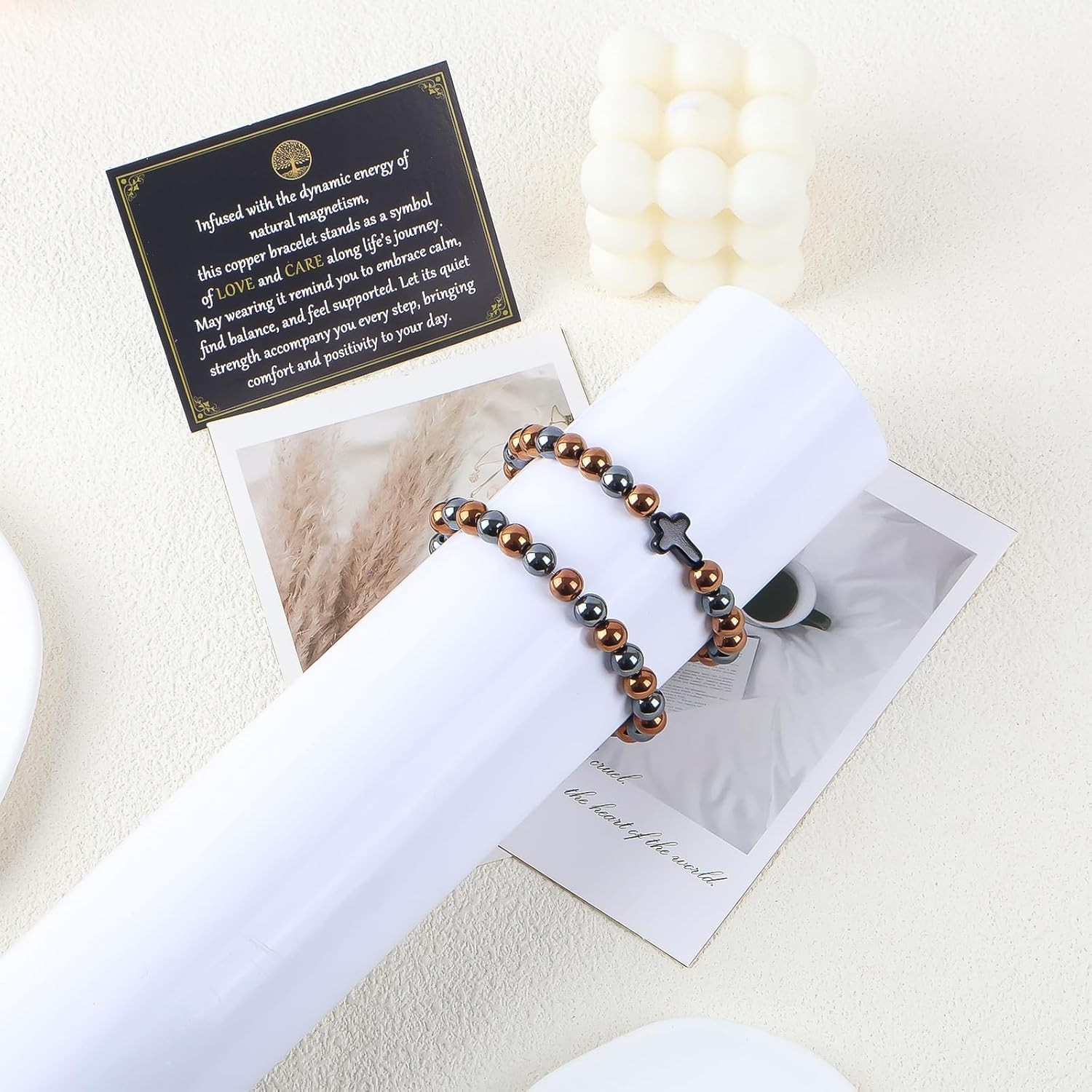 2PCS Copper Bracelets for Women Men 99.9% Pure Copper Jewelry and Cross Charm Br