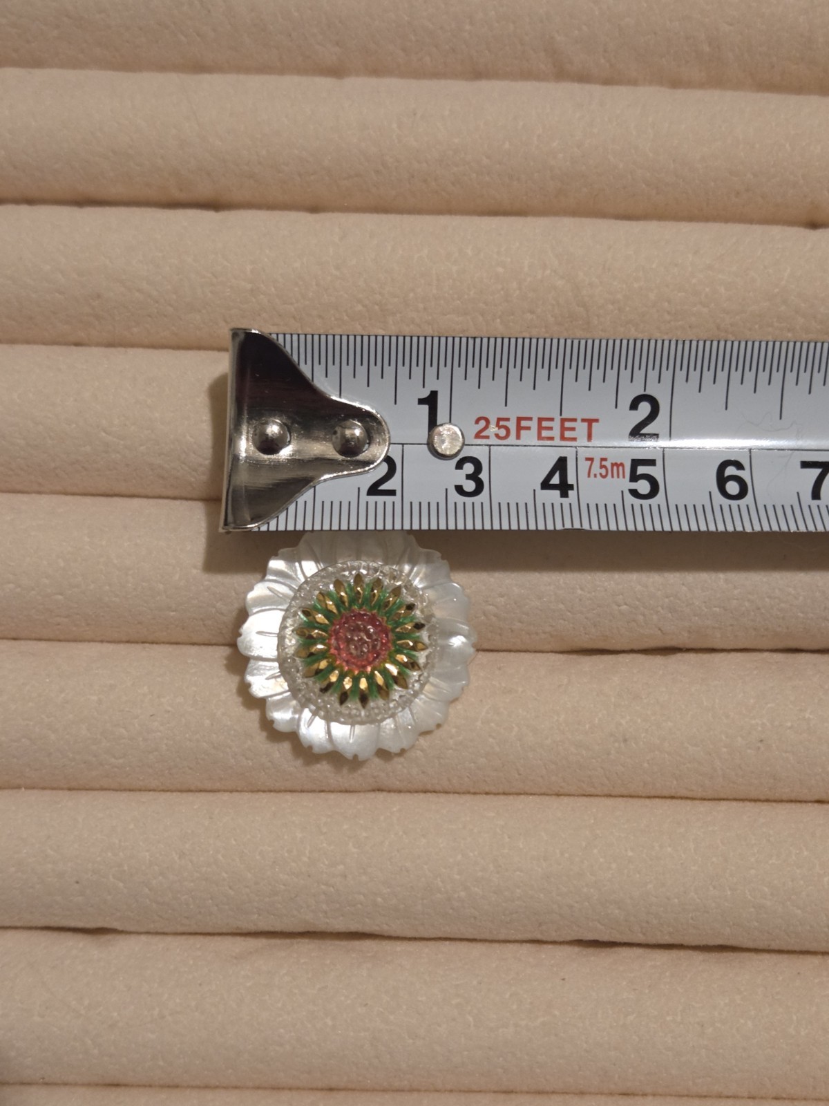 Pink, Green, And White Czech Glass Button & Mother Of Pearl Flower Brooch Pin