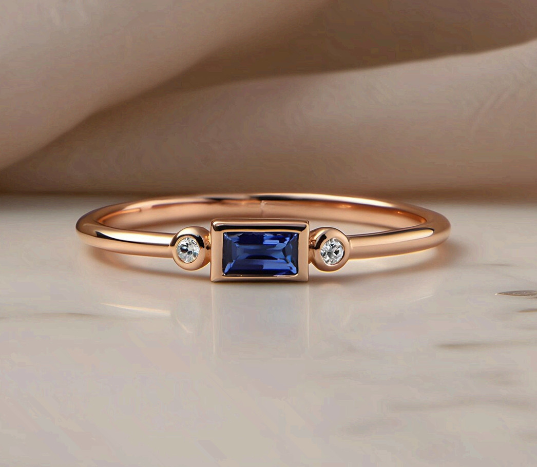 Rose Gold Copper Minimalist Ring Blue Cubic Zirconia Baguette Band