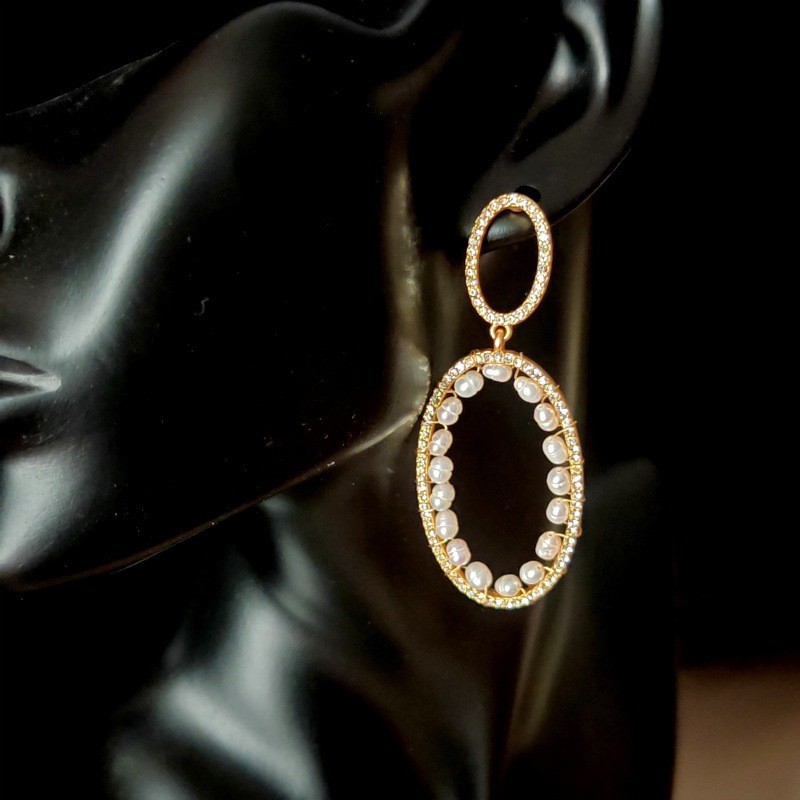 Handmade Woven Pearl Oval Hoop Stud Earrings Daily Elegant Women Jewelry
