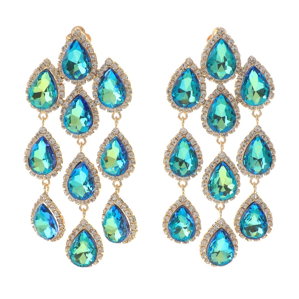 Gold Tone Metal Long Crystal Clip-On Chandelier Earrings ER2517-GBLU