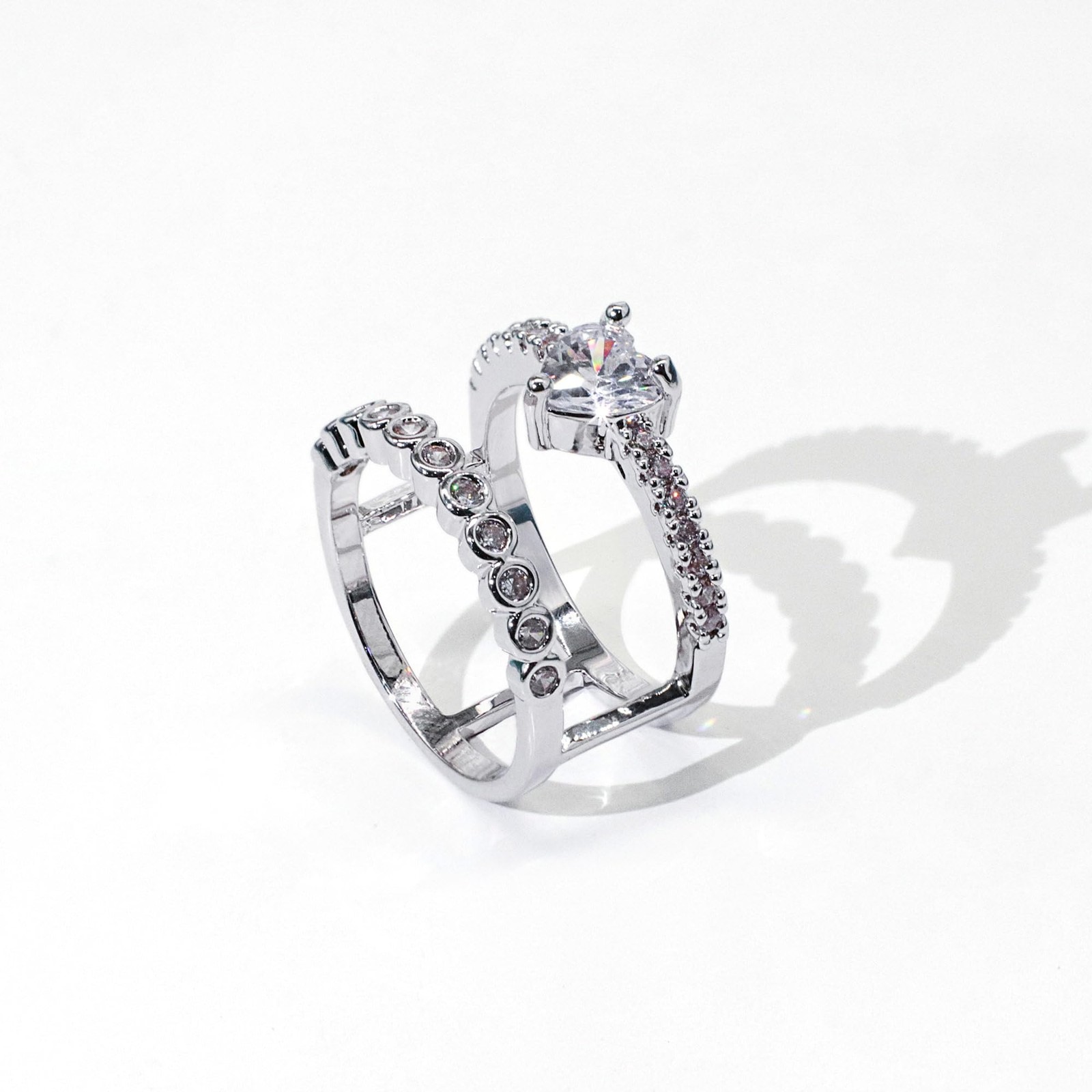 18K Gold Plated Double Band Heart Zirconia Ring for Women, Daily Wear Jewelry