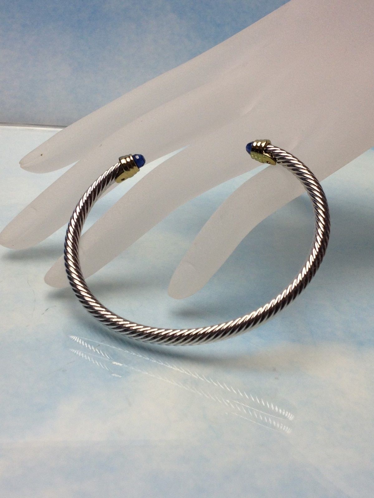 Blue Sapphire Stone Silver Gold Finish Designer Inspired Open Cuff Bracelet