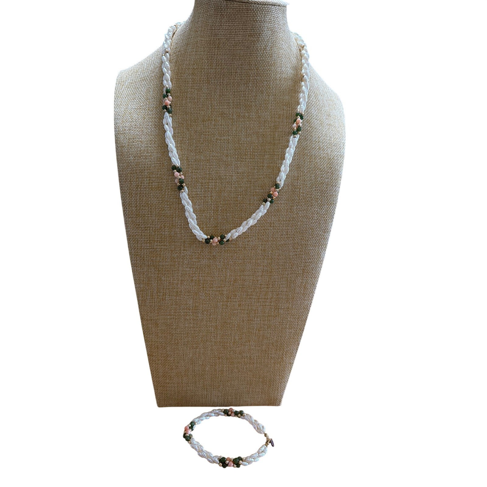 Twisted Rice Pearl Necklace Bracelet Set Green Jade Pink Coral Beads Fariy Boho