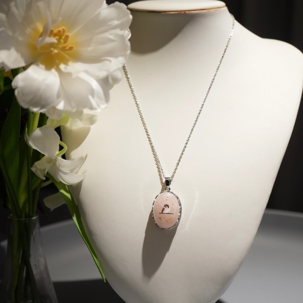 Rose Quartz Sparrow Necklace with Kanazawa Gold Leaf – October Birthstone, Japan