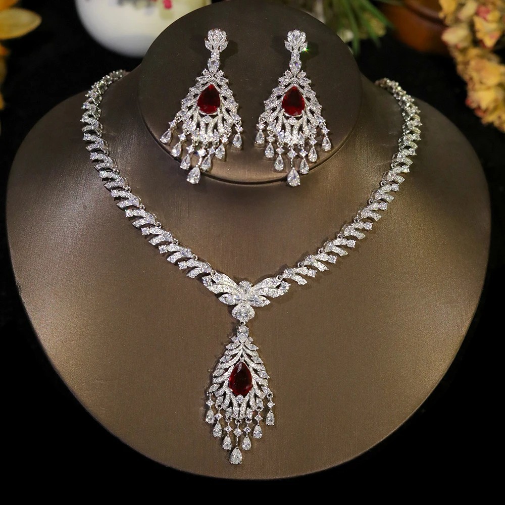 Premium Bridal wedding Jewelry Sets Necklace Engagement Party Earrings Silver