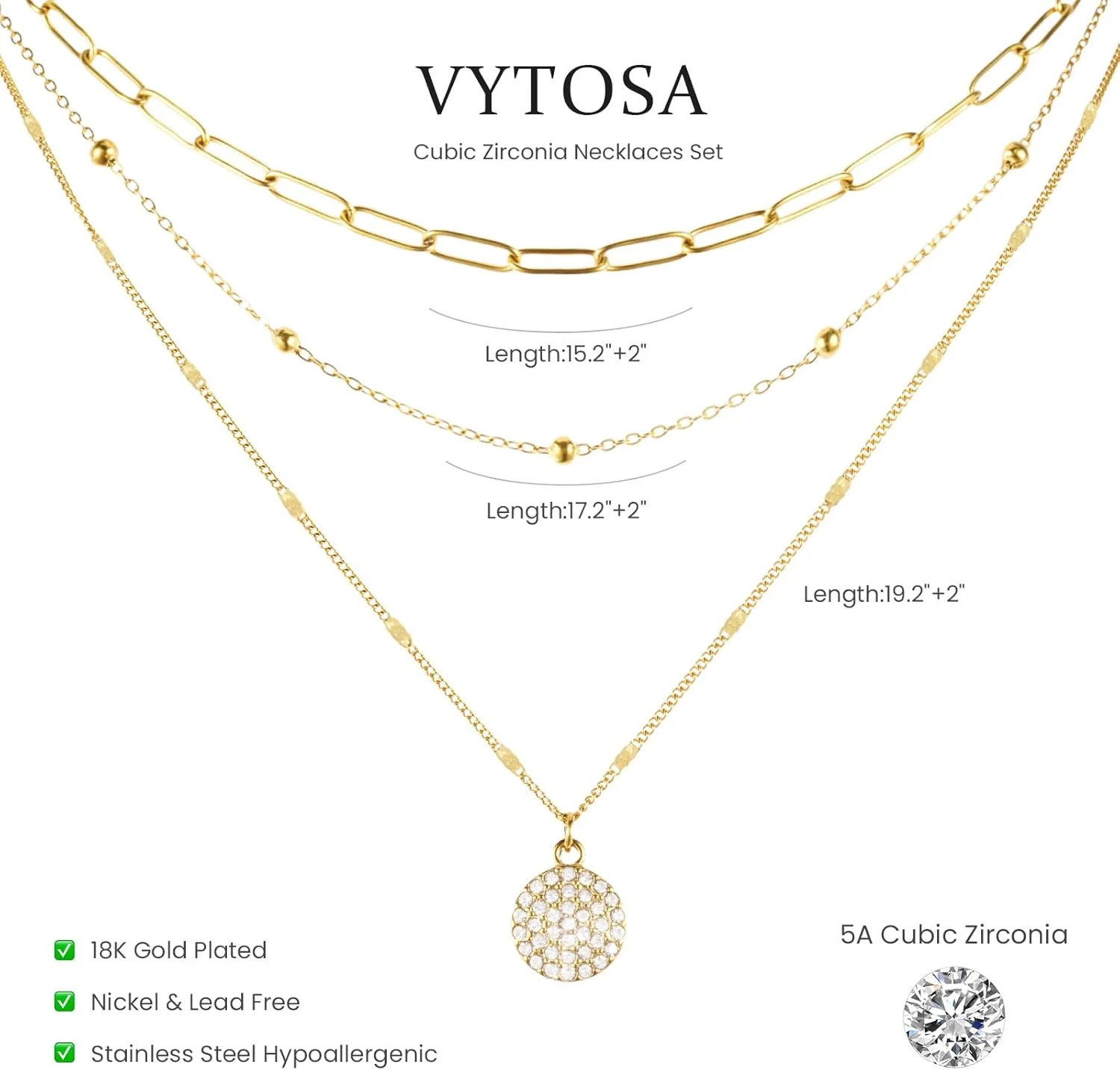 Layered Gold Necklace Stack for Women, 18K Gold Plated Stainless Steel Hypoaller