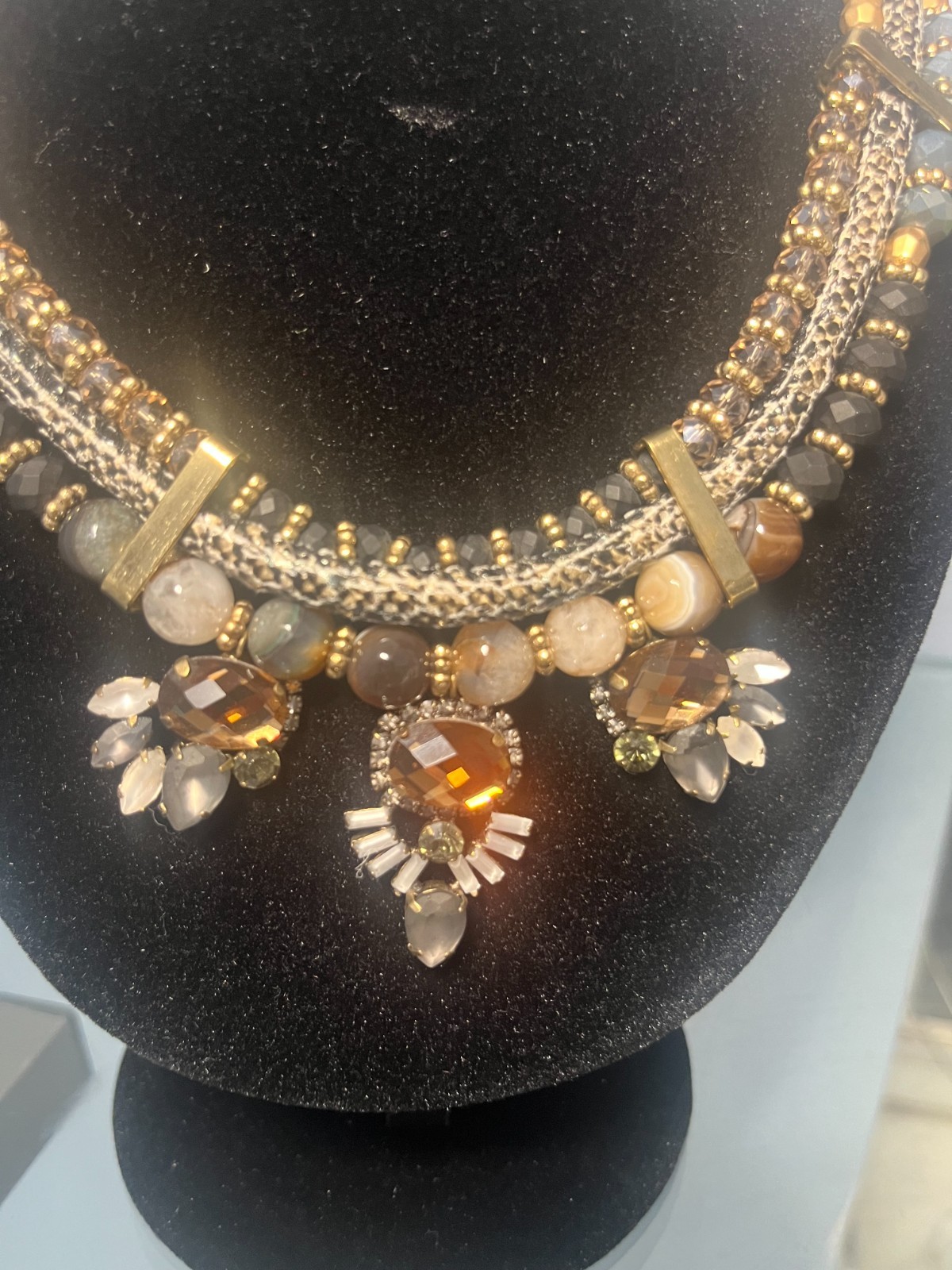 Boho Multi-Strand Bib Statement Neckclace Gold Tone Brown Gray Beads Crystals