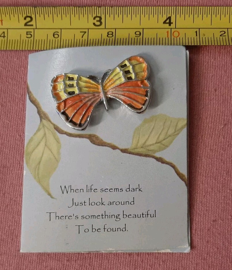 Russ Berrie Enameled Pewter Butterfly pin Orange Yellow Divine Expressions