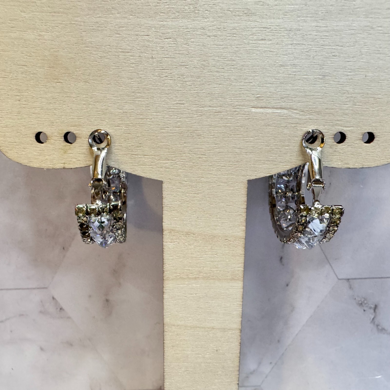 Diamond Zircon C Shaped Earrings Hoop Alloy Sparkly Silver Tone Omega Back Event