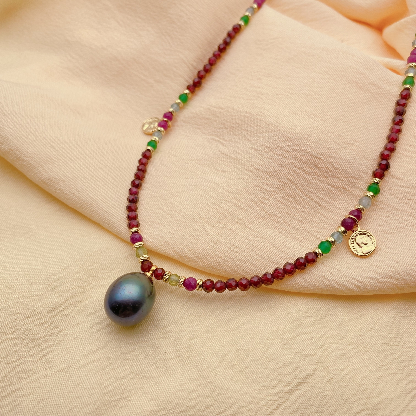 Garnet Agate Ruby Pearl Charm Necklace 3mm Gemstone Cultured Black Pearl Pendant