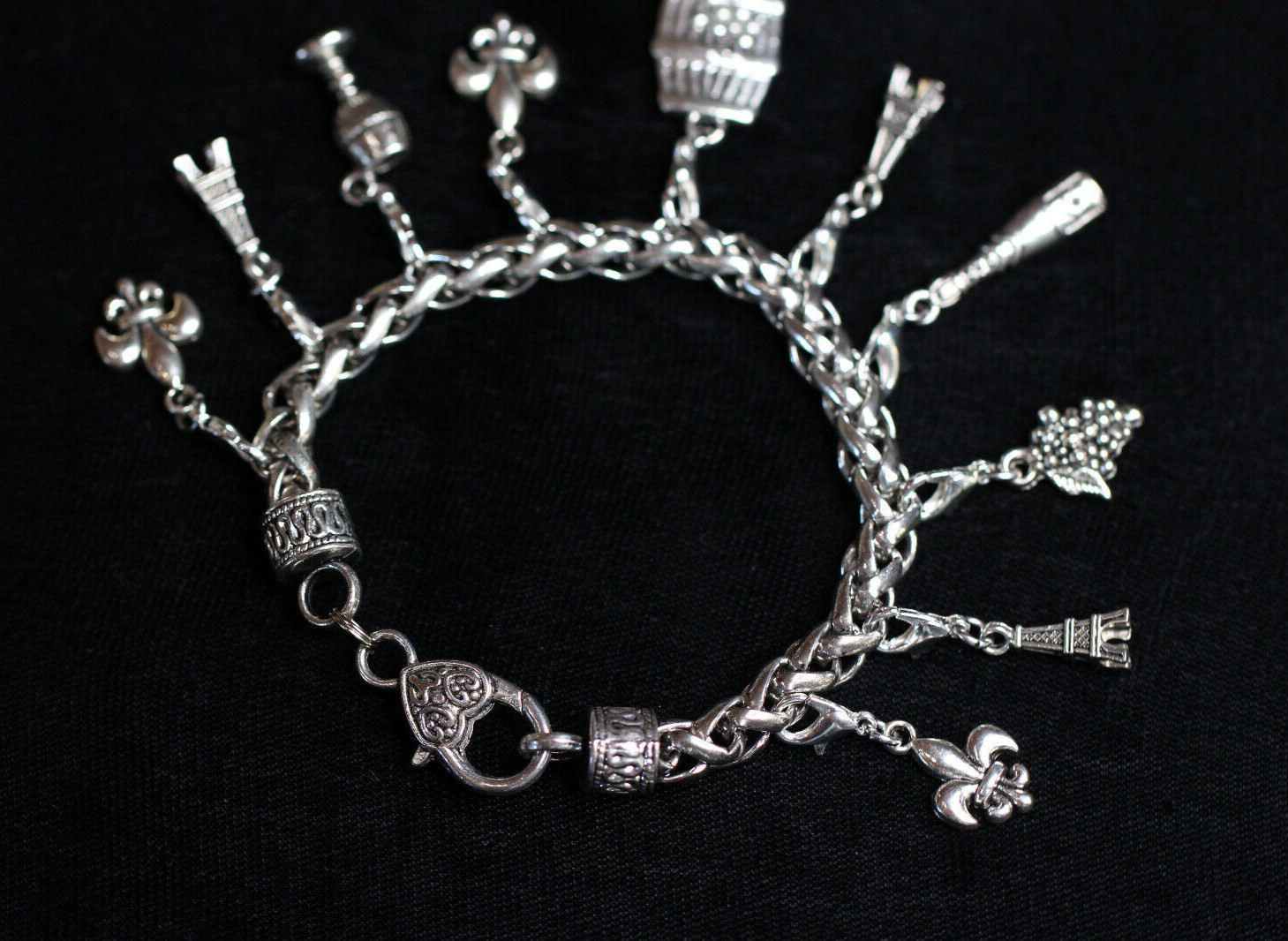 Paris Wine Lover Charm Bracelet Silver Pewter Charms 8″ Interchangeable Eiffel