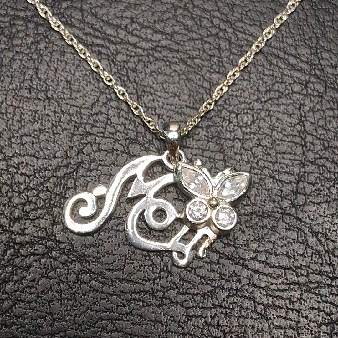 STERLING SILVER 925 Chain Necklace Initial “M” Pendant Whit CZ Butterfly. 15.129