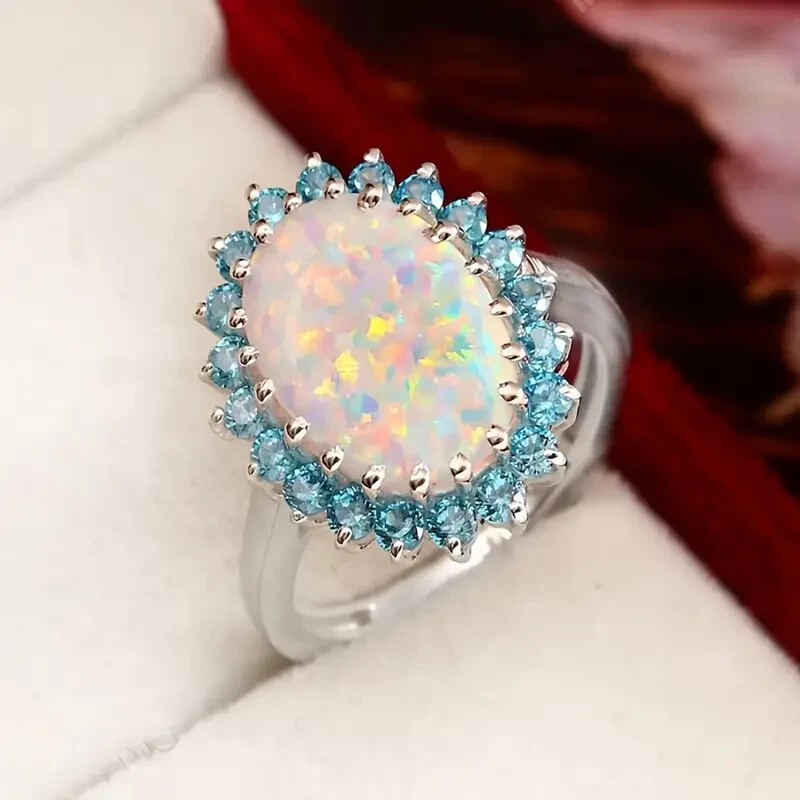 Elegant 925 Sterling Silver Fire Rainbow Opal Blue Topaz Engagement Ring Size 8