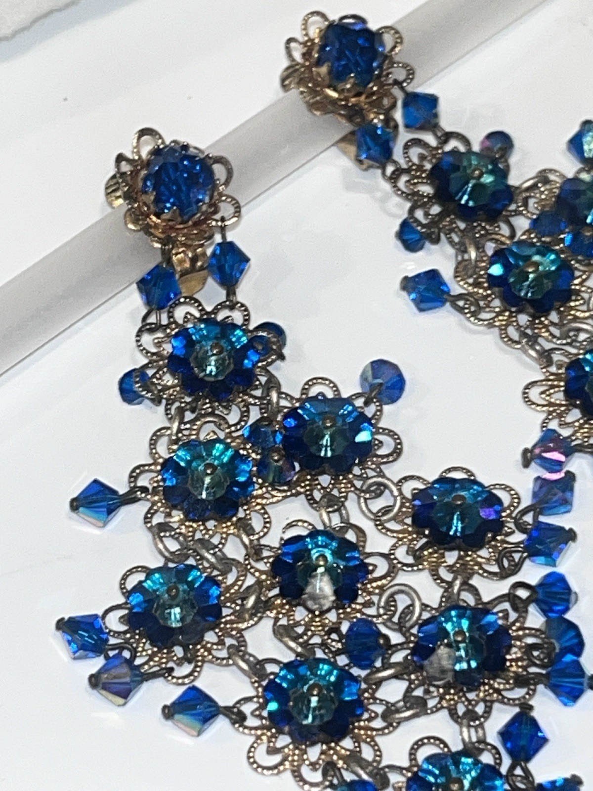 Vintage Signed IND ARG Blue Crystal Clip-On Chandelier Dangle Earrings,
