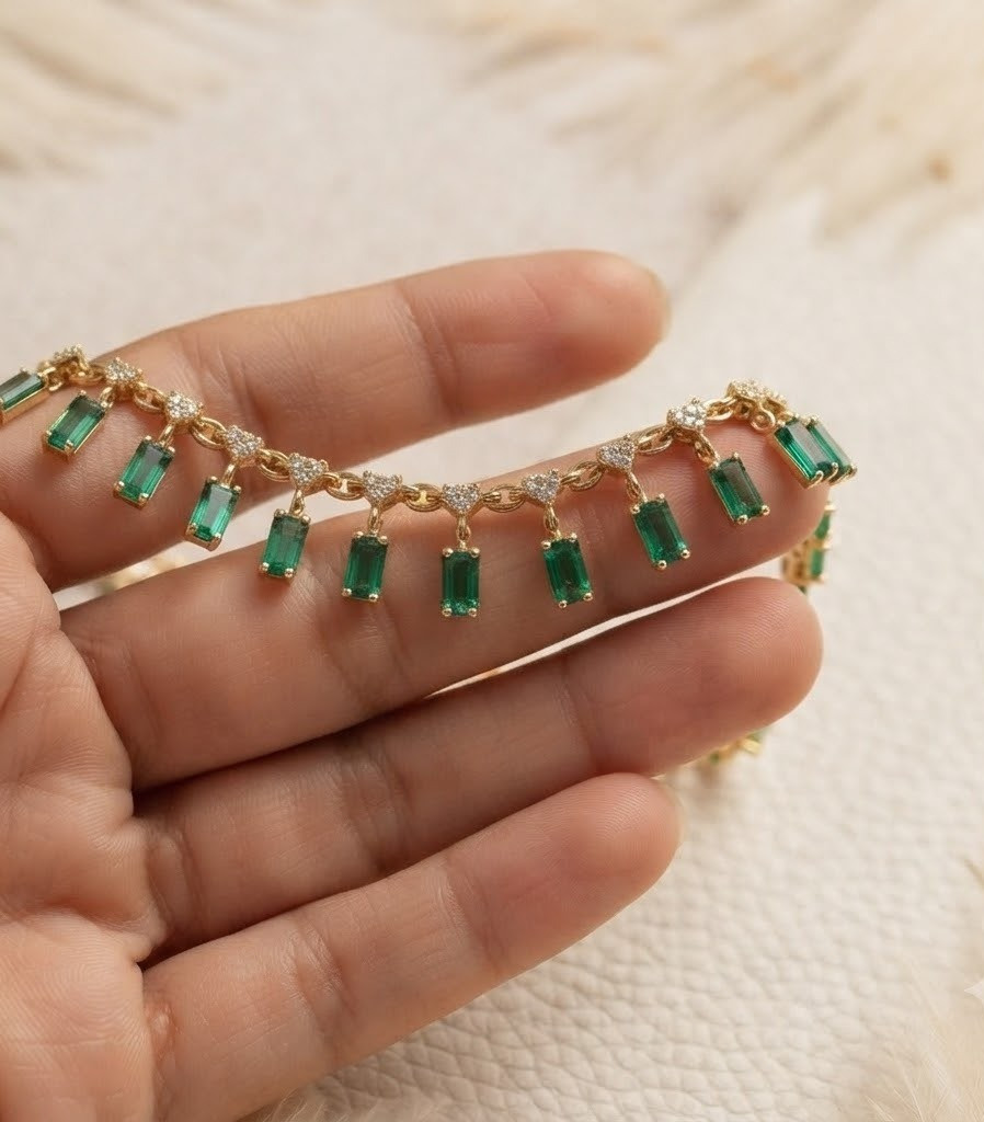 Gold Tone Emerald Green Baguette Crystal Statement Necklace 925 Sterling Silver