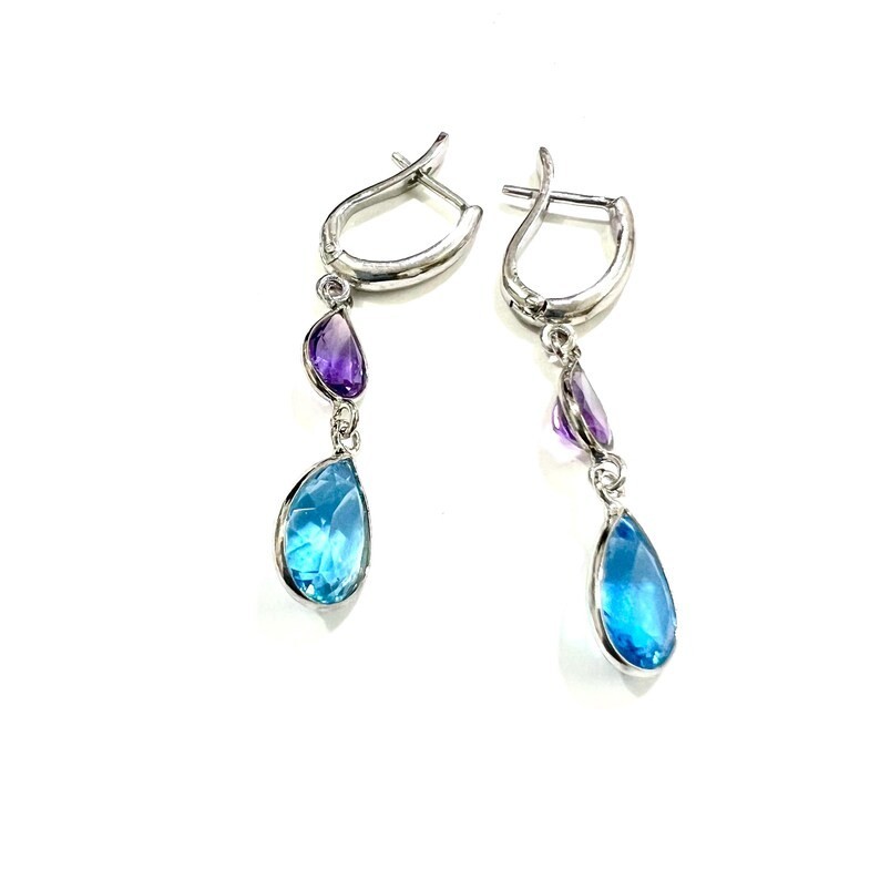 Blue Topaz Amethyst Earrings 925 Sterling Silver, Pear Teardrop Dangle Earrings