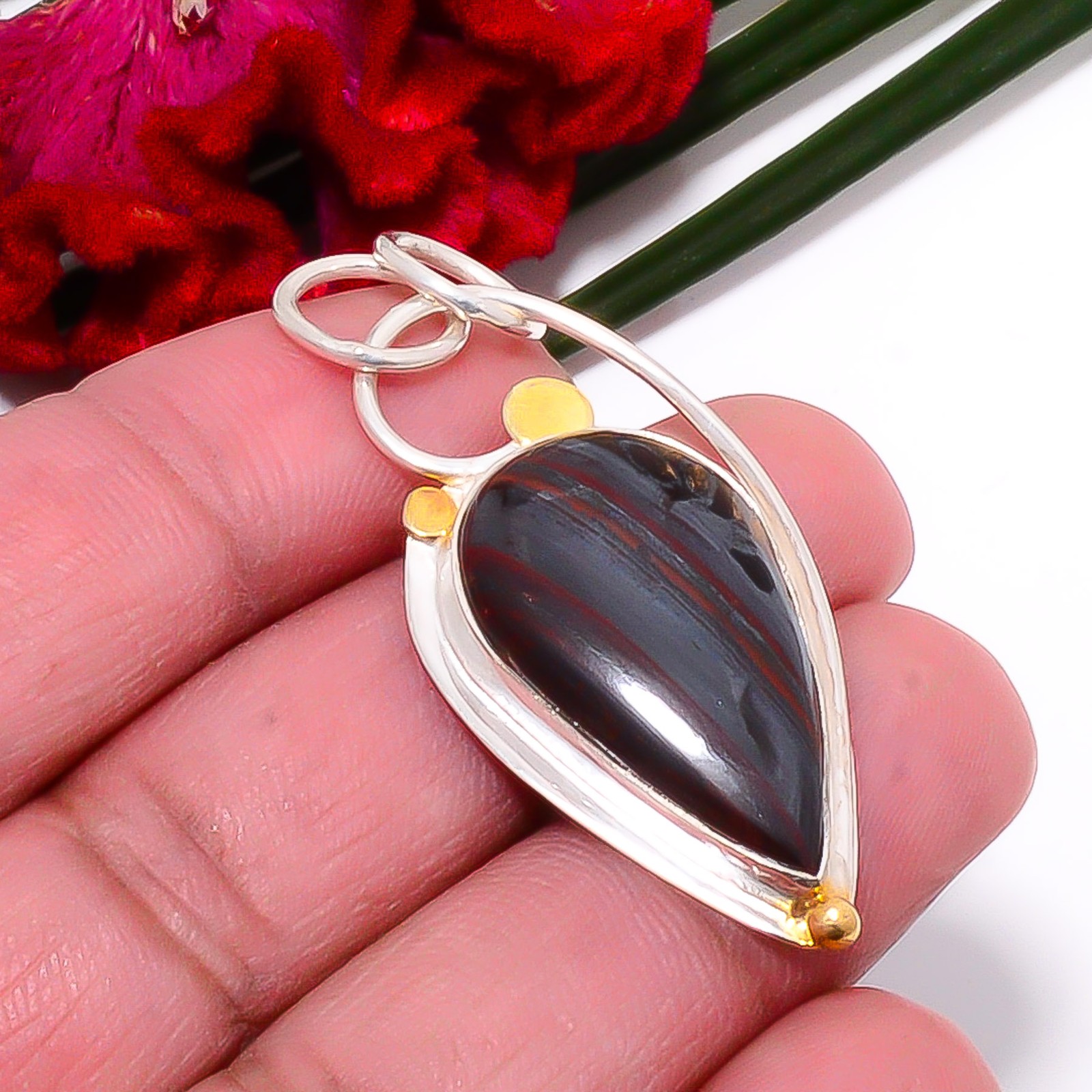 Iron Tiger Eye 925 Sterling Silver Two Tone Pendant 1.95″ Sk5, Christmas Gift