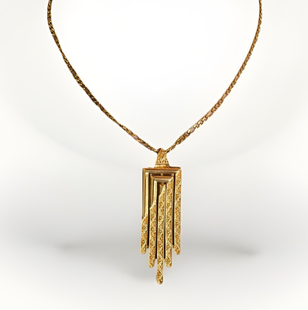 Monet Art Deco Style Necklace Textured Gold Tone Pendant Modernist Vibe 24” POSH