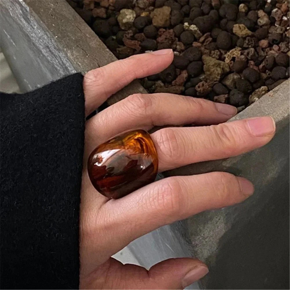 Resin Amber Geometric Wide Ring Women Classic Chunky Statement Party Jewelry