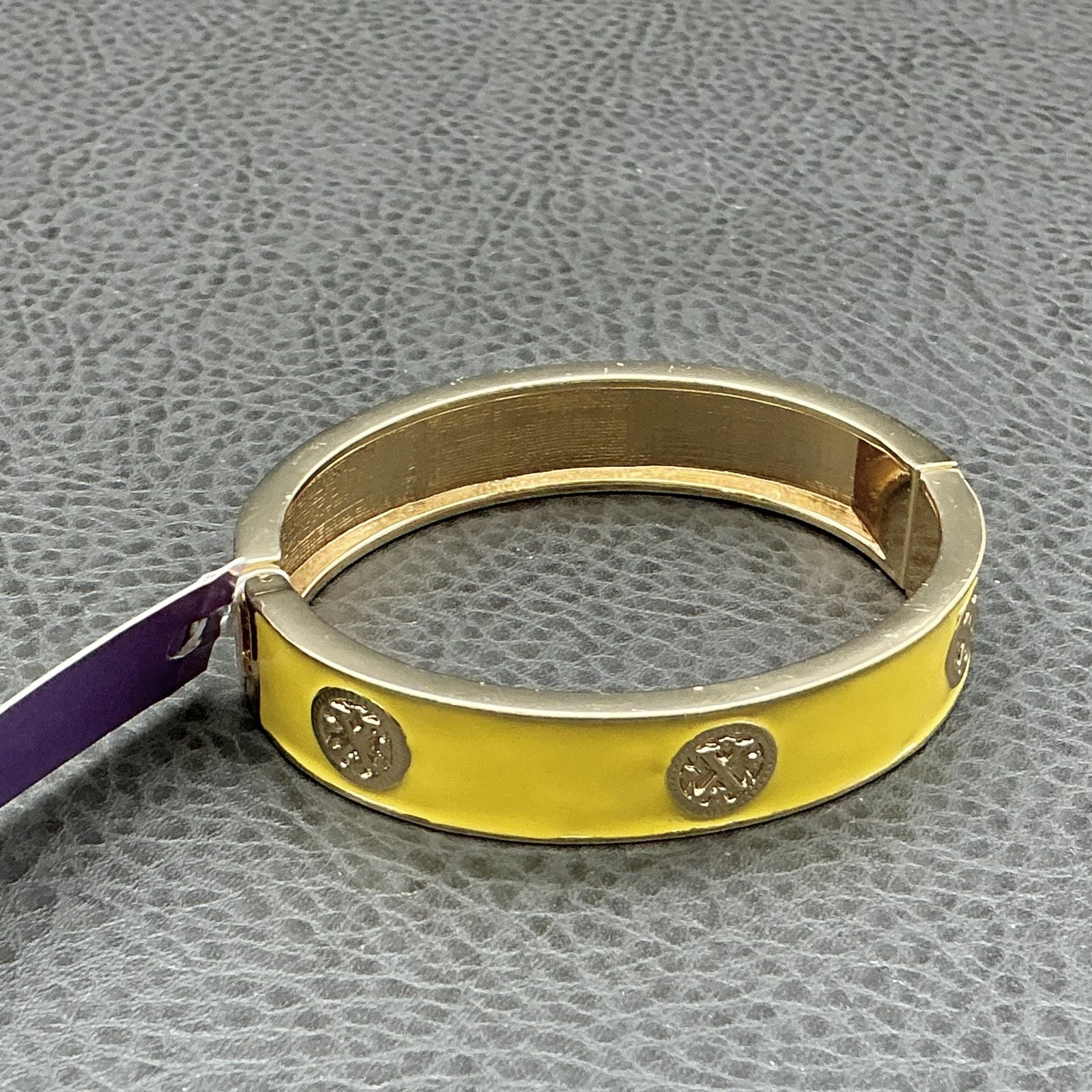 LVK Bracelet Yellow Enamel Bangle Coin Medallion Womens 7 Inch Fashion Jewelry