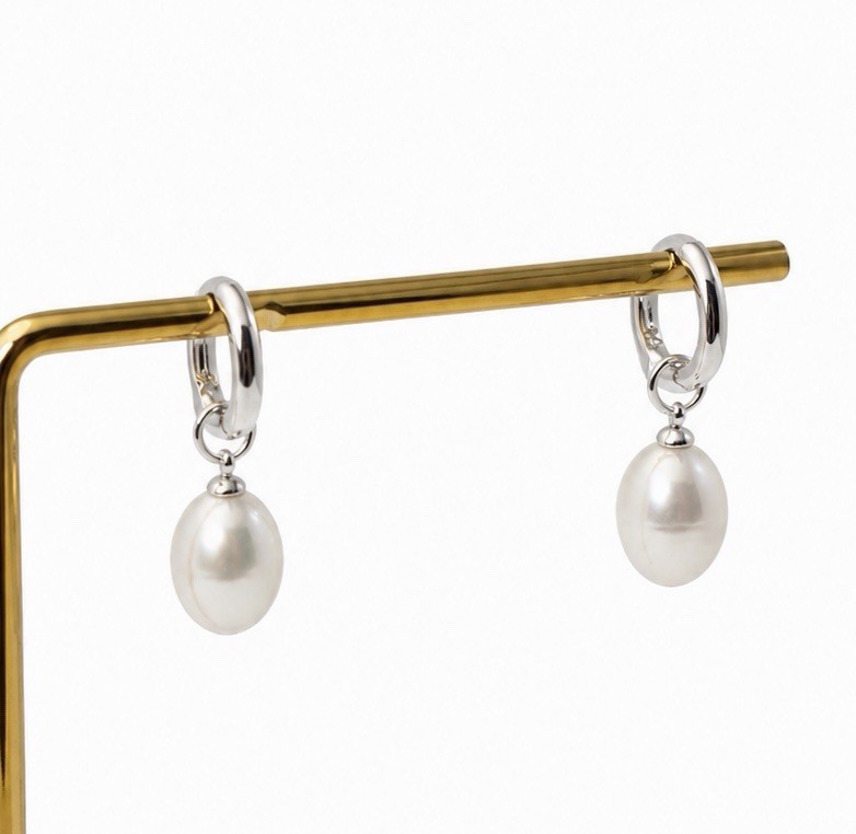 925 Silver Pearl Drop Hoop Earrings Minimalist Dangle Huggie Earrings 234