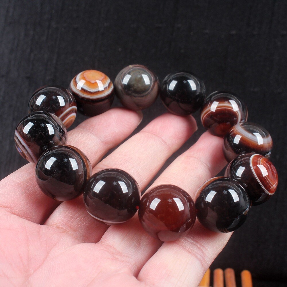20mm Rare China Natural Agate Onyx Carved Buddha Beads Bracelet Bangle Wristlet