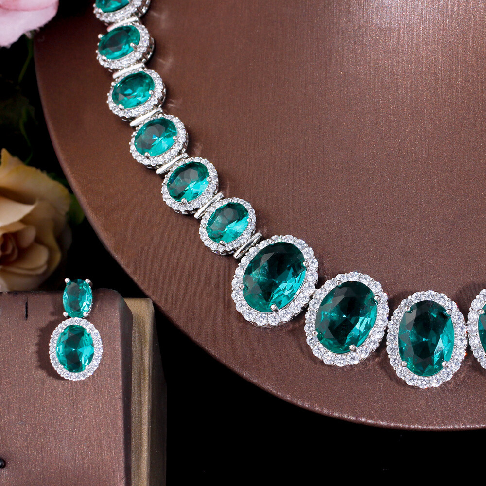 Gorgeous Big Green Oval Necklace Earrings Silver Plated Zircon Women Jewelry Set