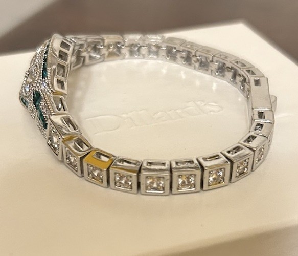 Silver Tone Emerald Green CZ And Diamond CZ Art Deco Inspired Bracelet NWT