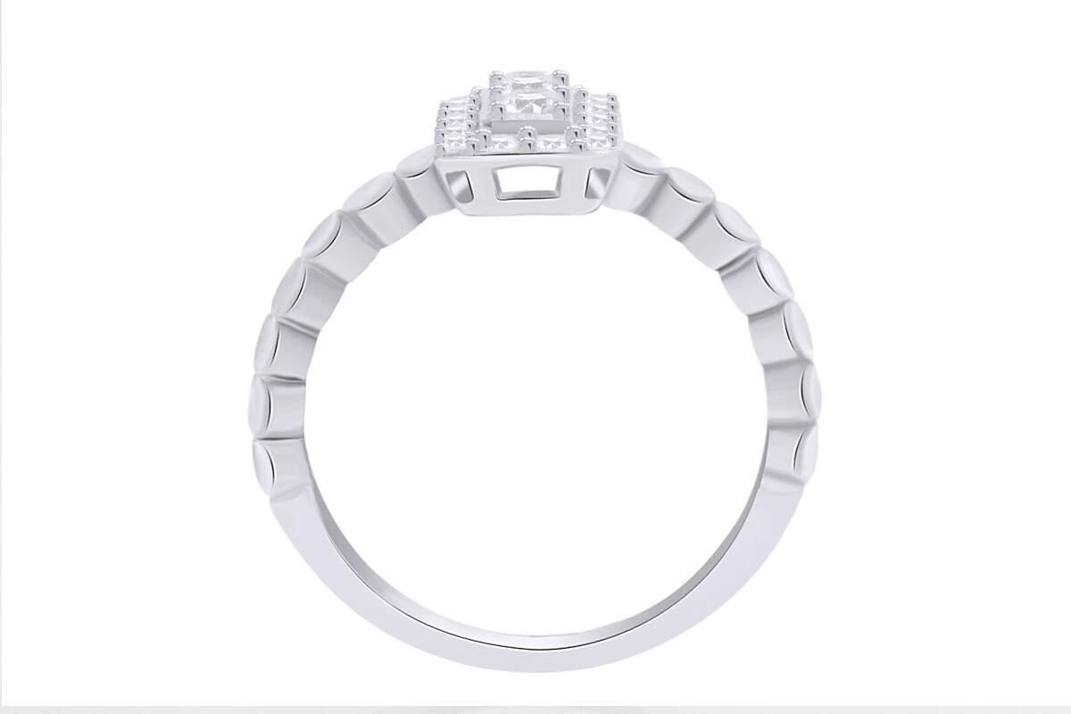 Baguette & Round Cut Simulated Diamond Beaded Halo Ring in 14k White Gold Plated